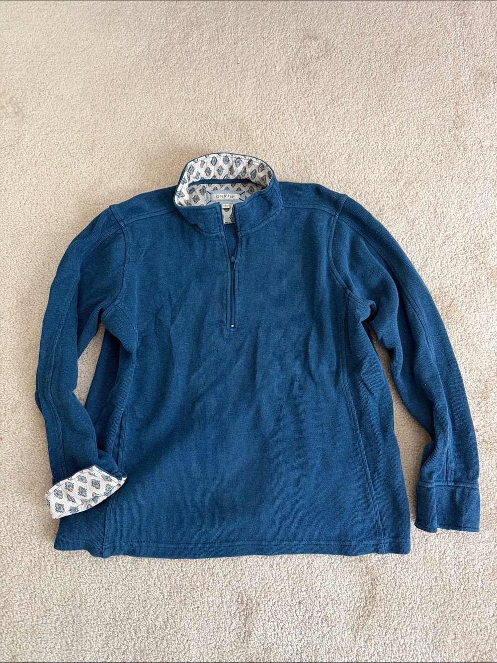 Orvis Women’s Blue Quarter-Zip Pullover with Patterned Trim Shirt Jacket Large L